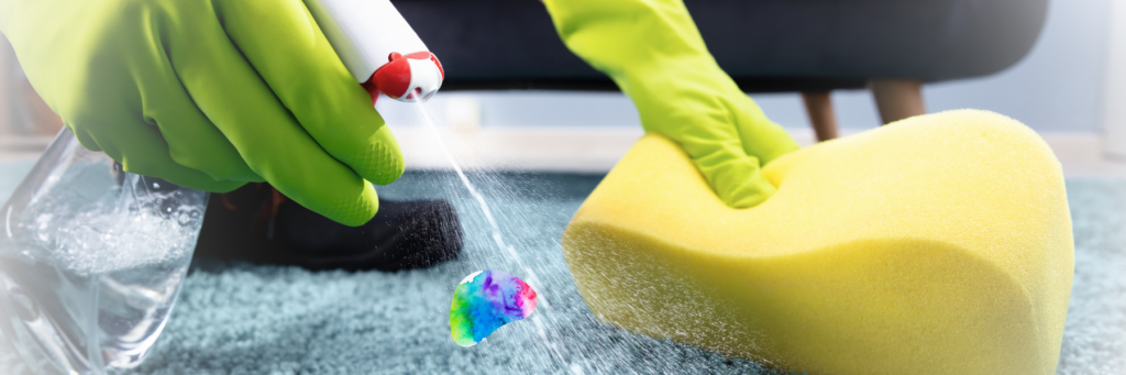 Image of two hands in yellow household gloves holding a yellow sponge and spraying a clear liquid on a blue carpet. A multicoloured organic shape is overlaid on the image.