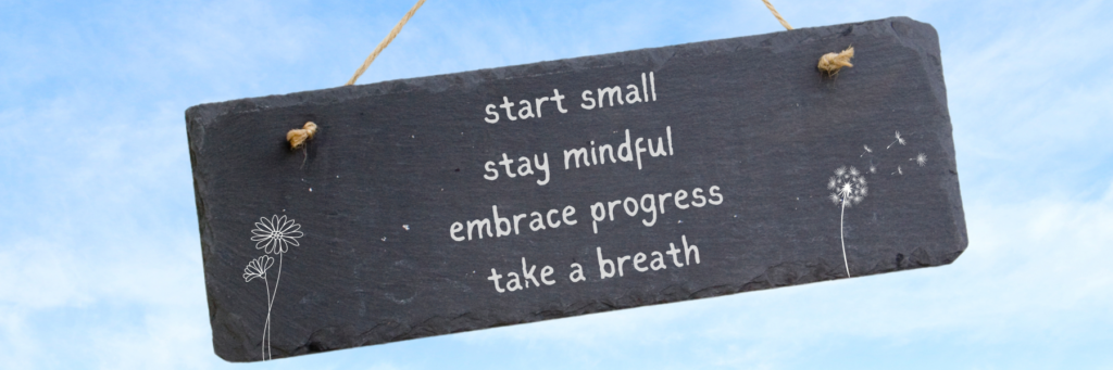 A black chalk slate with small drawings of a daisy and a dandelion hanging in front of a blue sky; the phrases 'start small',
'stay mindful', 'embrace progress', and 'take a breath' written on the slate in pale white on separate lines.